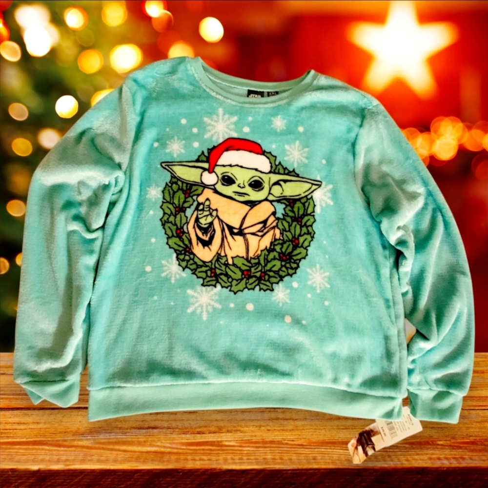 NWT 2XL Star Wars Grogu Baby Yoda Christmas Sweater Santa Hat Mandalorian